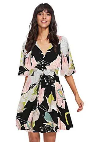 A Floral Pink Women's Boho Button Up Split Floral Print Flowy Party Dress - Milumia