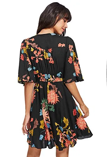 A Floral Pink Women's Boho Button Up Split Floral Print Flowy Party Dress - Milumia