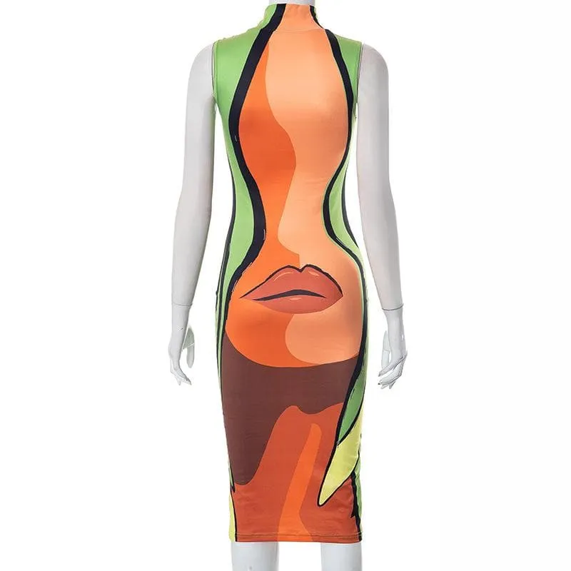 Abstract sleeveless high neck contrast midi dress cyberpunk Sci-Fi Fashion
