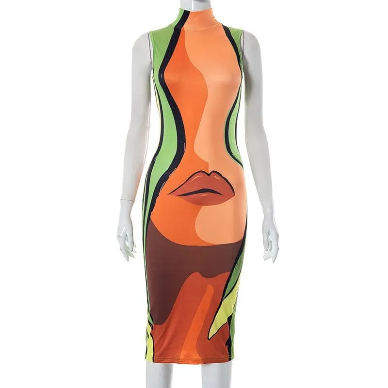 Abstract sleeveless high neck contrast midi dress cyberpunk Sci-Fi Fashion