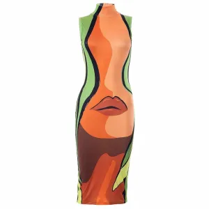 Abstract sleeveless high neck contrast midi dress cyberpunk Sci-Fi Fashion