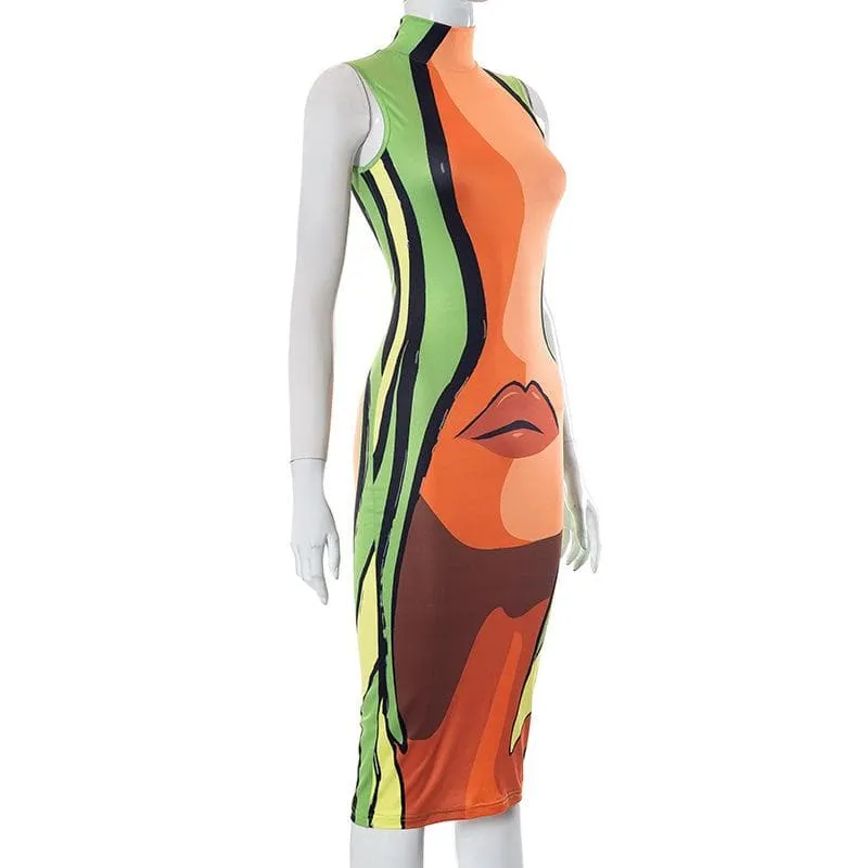 Abstract sleeveless high neck contrast midi dress cyberpunk Sci-Fi Fashion