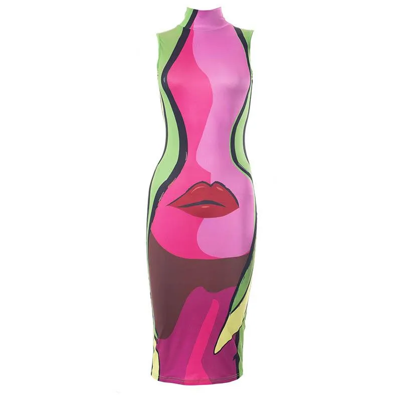 Abstract sleeveless high neck contrast midi dress cyberpunk Sci-Fi Fashion