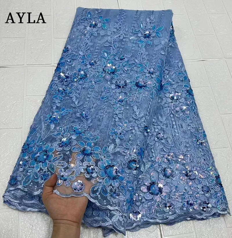 African High Quality Lace Fabric 2023 White French Net Sequins Fabric Sewing Embroidered Lace in Tulle Nigeria Fabric 5 Yards