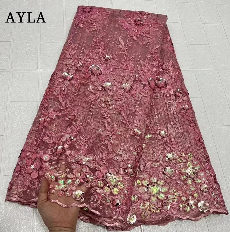 African High Quality Lace Fabric 2023 White French Net Sequins Fabric Sewing Embroidered Lace in Tulle Nigeria Fabric 5 Yards