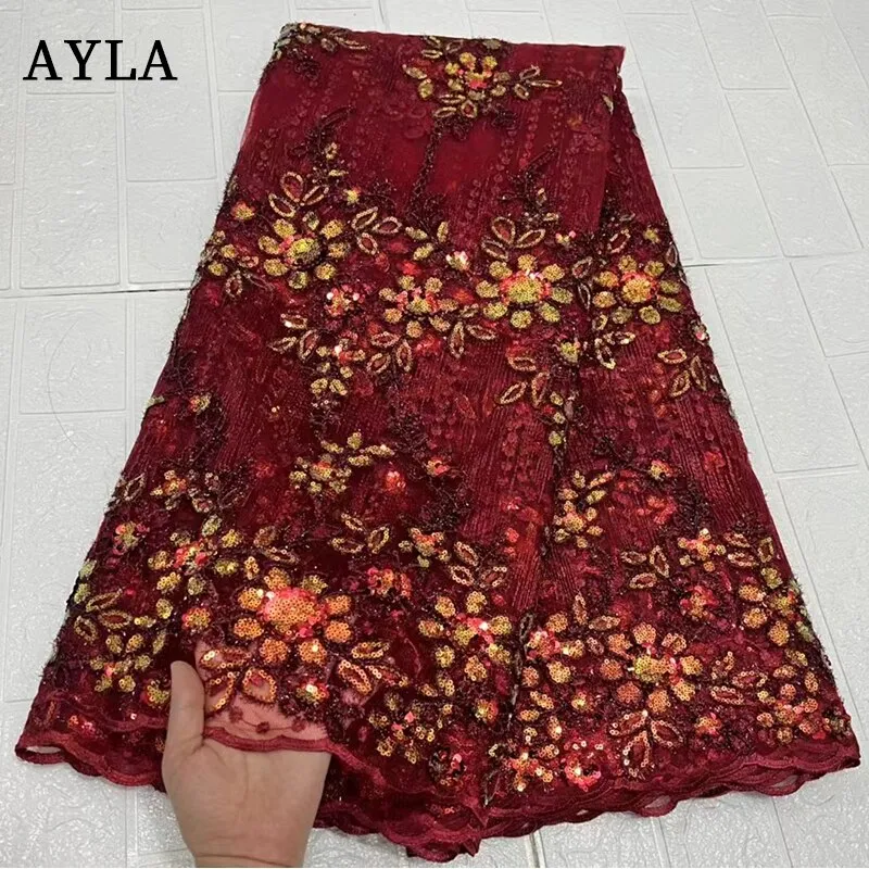 African High Quality Lace Fabric 2023 White French Net Sequins Fabric Sewing Embroidered Lace in Tulle Nigeria Fabric 5 Yards