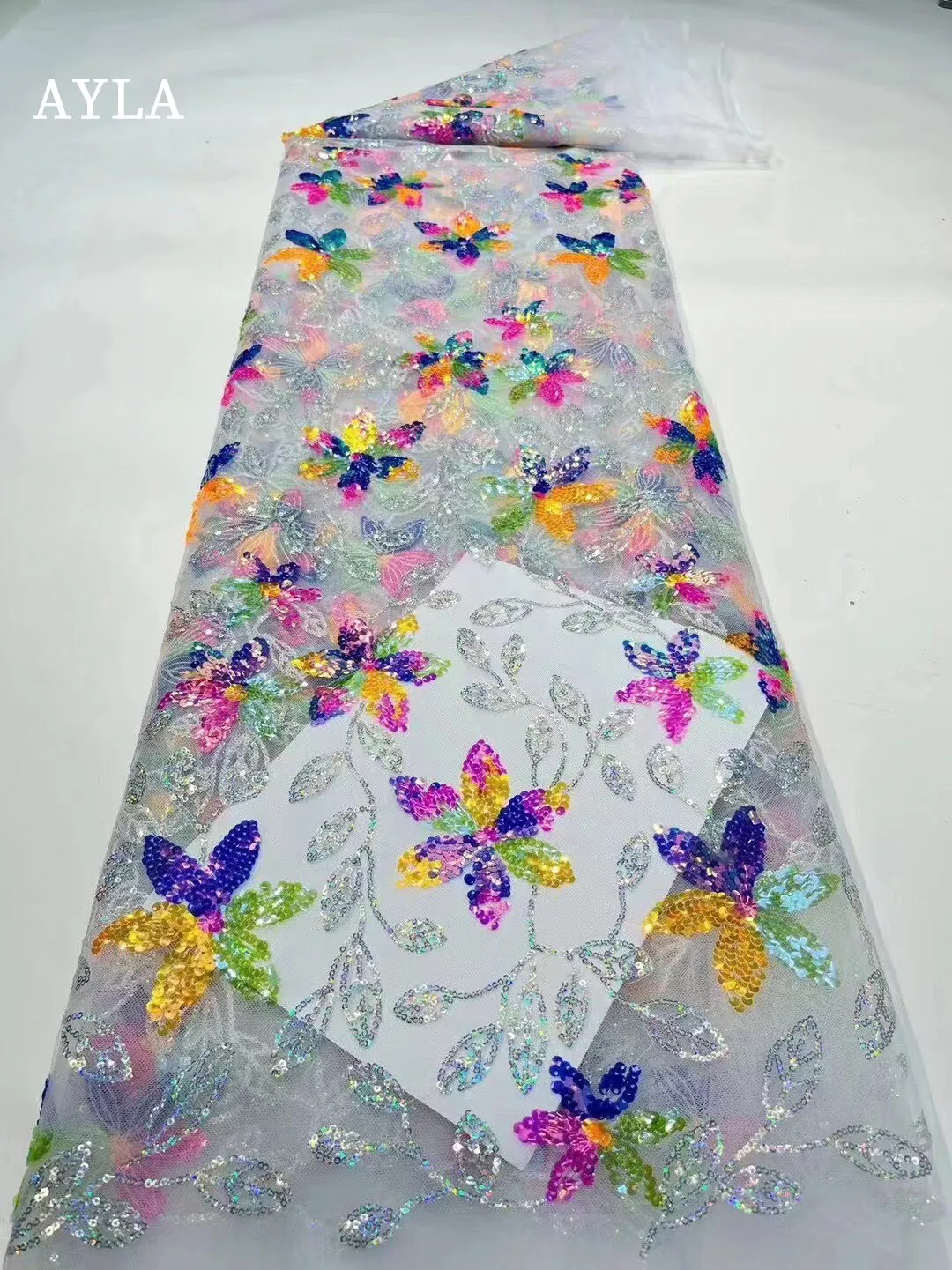 African High Quality Lace Fabric 2023 White French Net Sequins Fabric Sewing Embroidered Lace in Tulle Nigeria Fabric 5 Yards