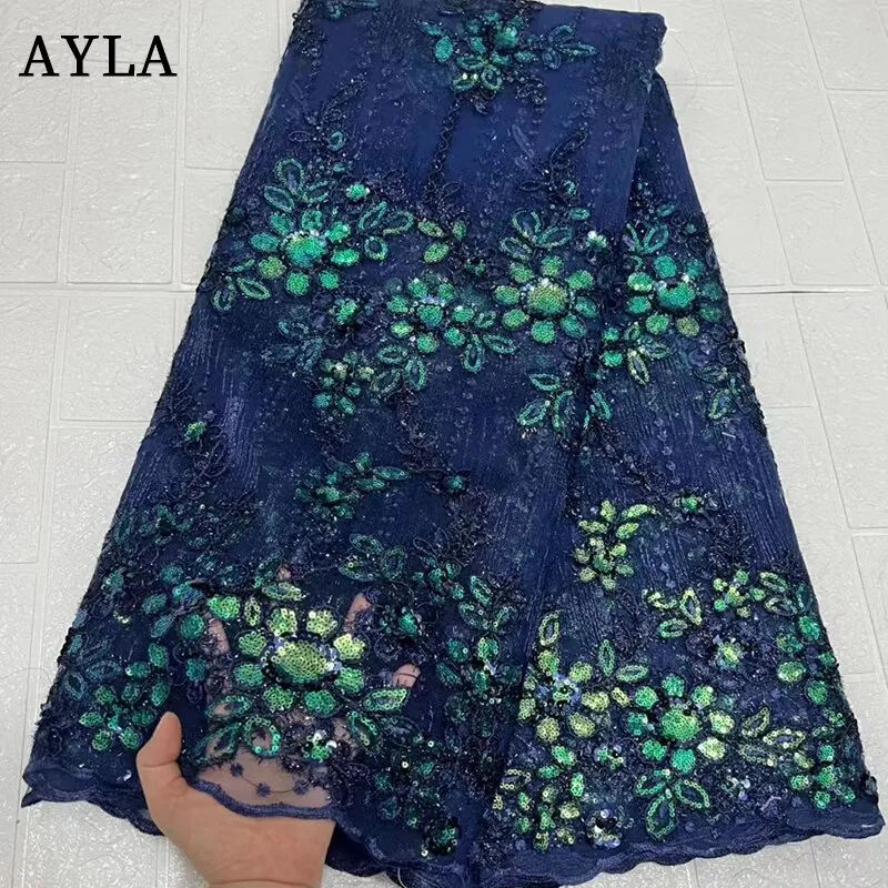 African High Quality Lace Fabric 2023 White French Net Sequins Fabric Sewing Embroidered Lace in Tulle Nigeria Fabric 5 Yards