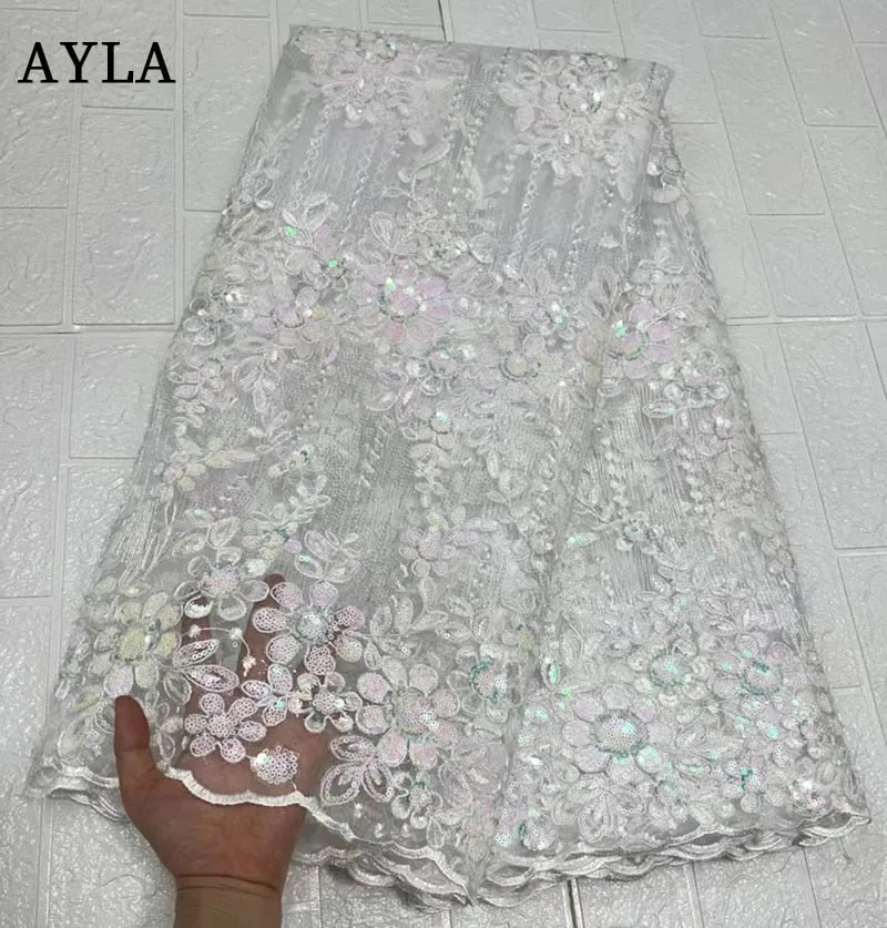 African High Quality Lace Fabric 2023 White French Net Sequins Fabric Sewing Embroidered Lace in Tulle Nigeria Fabric 5 Yards