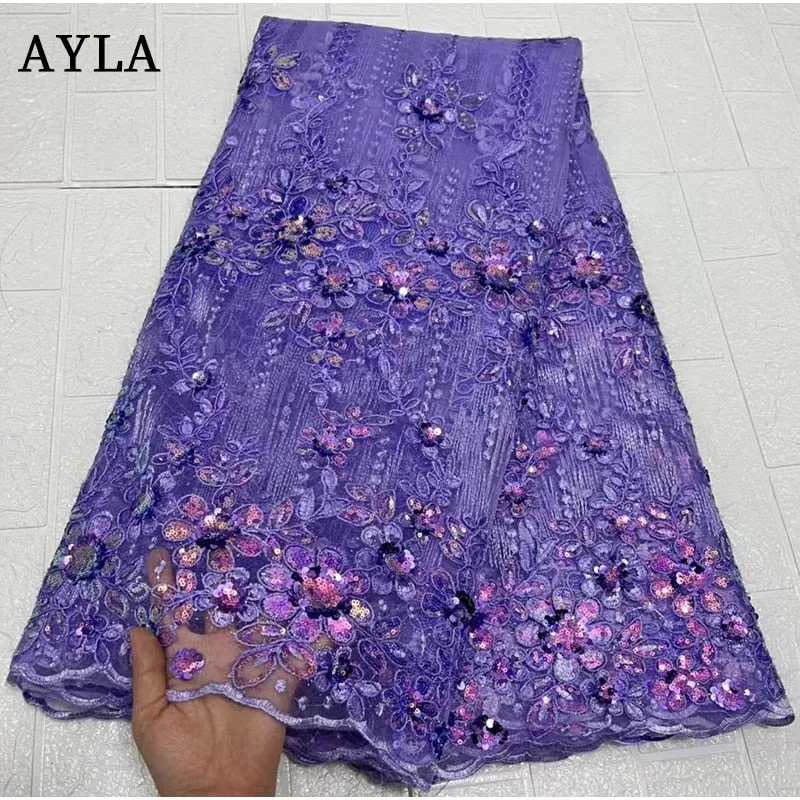 African High Quality Lace Fabric 2023 White French Net Sequins Fabric Sewing Embroidered Lace in Tulle Nigeria Fabric 5 Yards