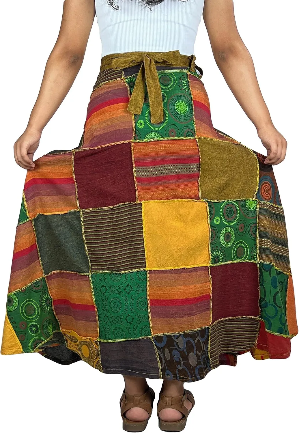 Agan Traders Women's 2025 Summer Boho Maxi Skirt for Fall Patched Tie Up High Waisted Long Skirt Bohemian Wrap Cover Up