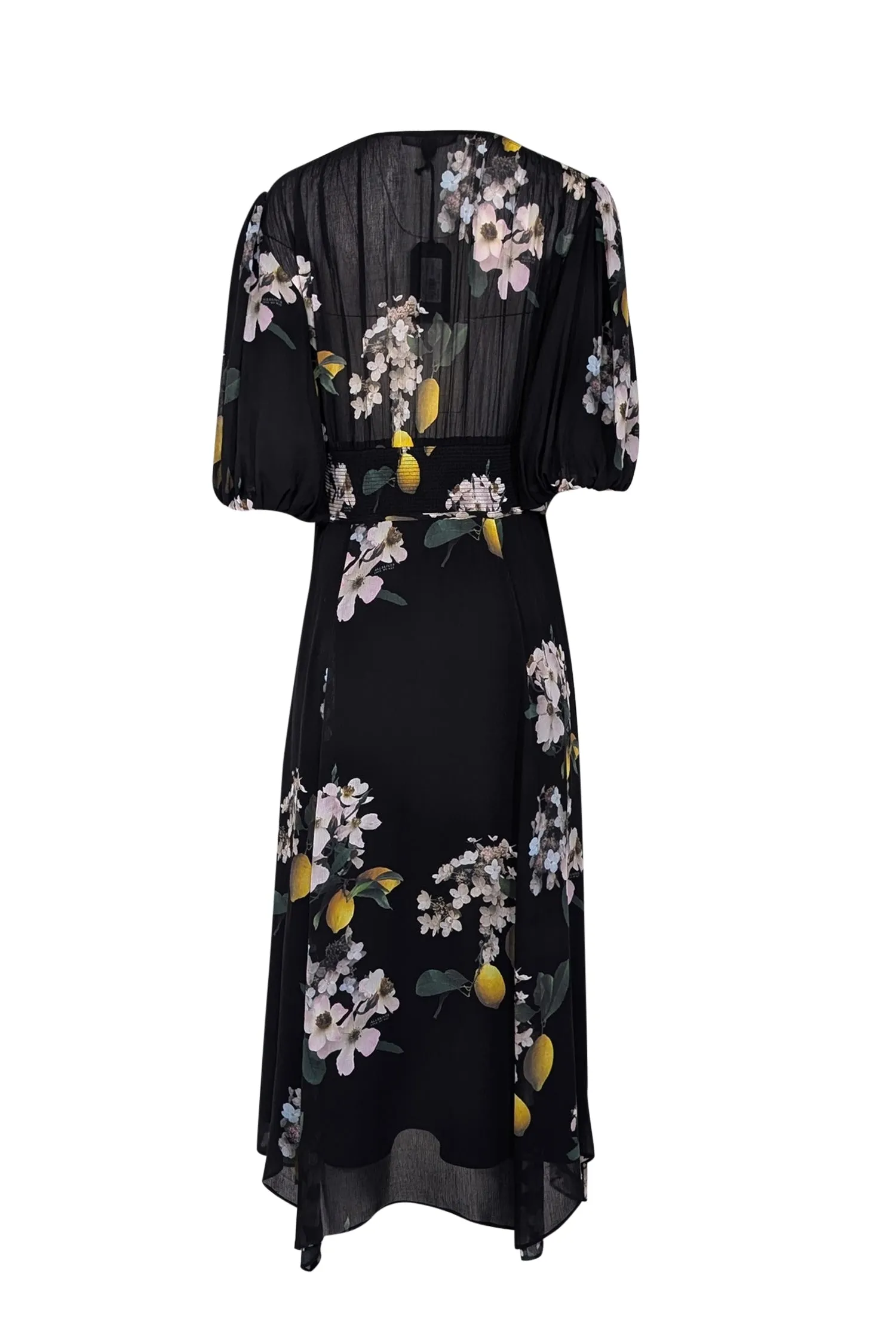 All Saints - Black w/ Yellow & Ivory Floral Print Puff Sleeve Dress Sz 10