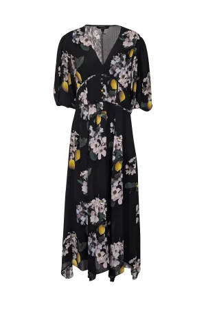 All Saints - Black w/ Yellow & Ivory Floral Print Puff Sleeve Dress Sz 10