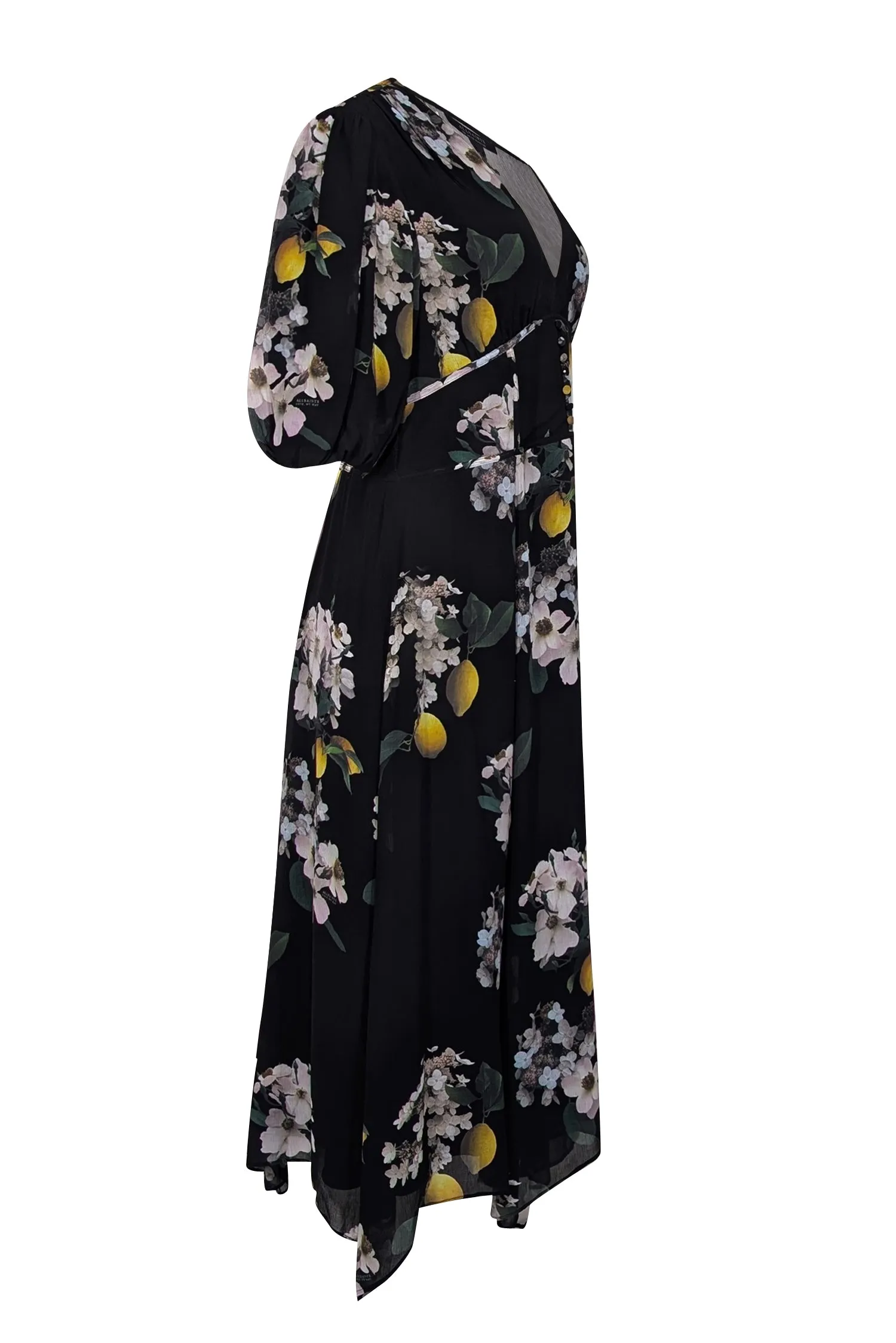All Saints - Black w/ Yellow & Ivory Floral Print Puff Sleeve Dress Sz 10