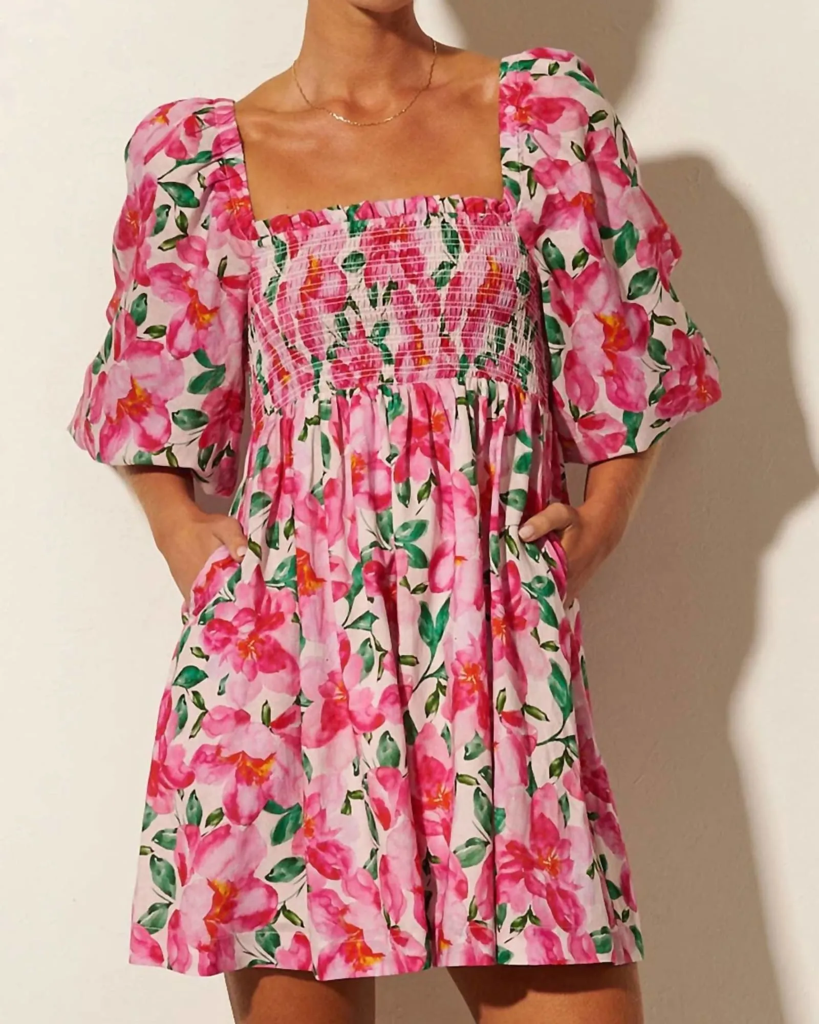 Antonia Shirred Mini Dress in Pink | Pink