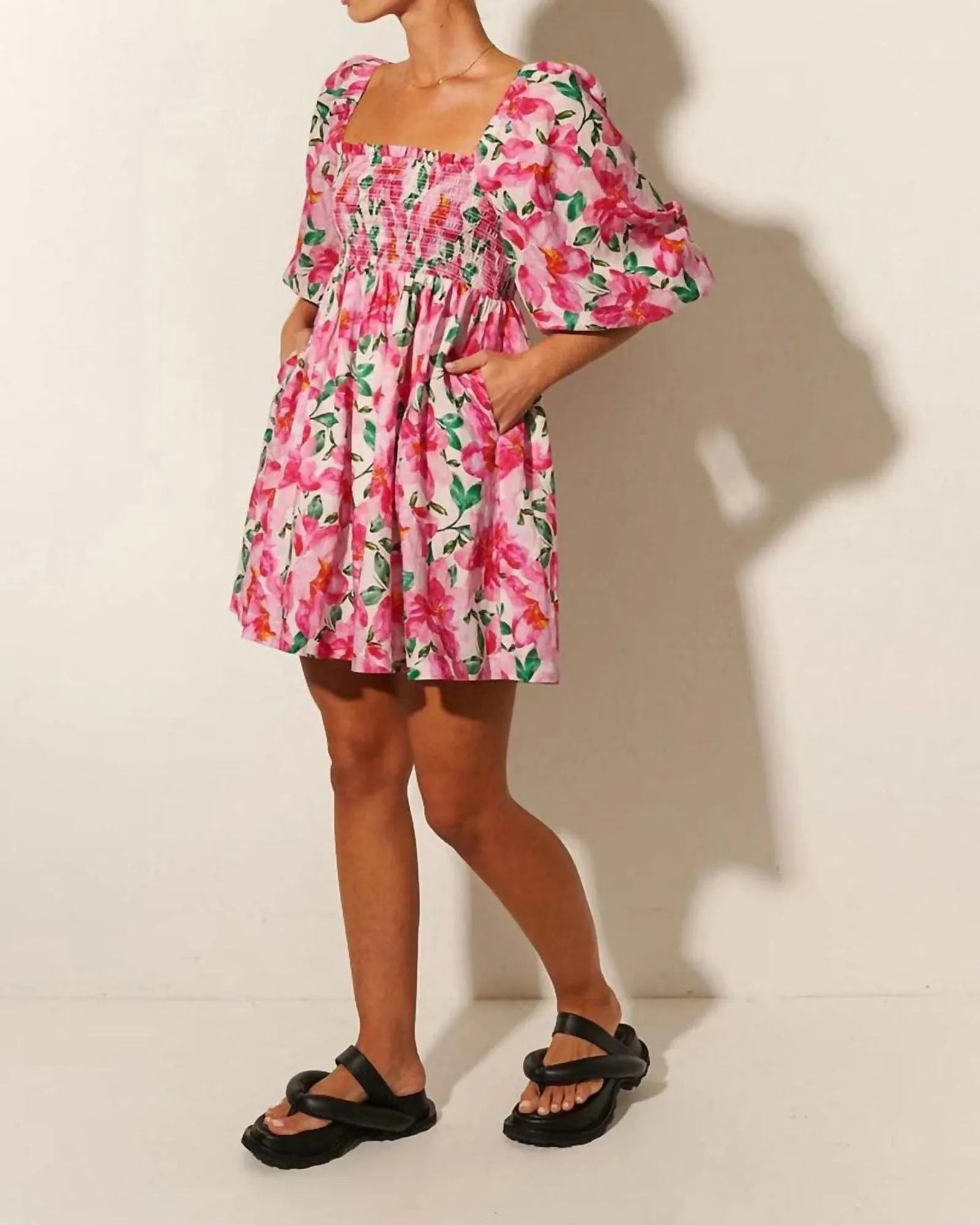 Antonia Shirred Mini Dress in Pink | Pink