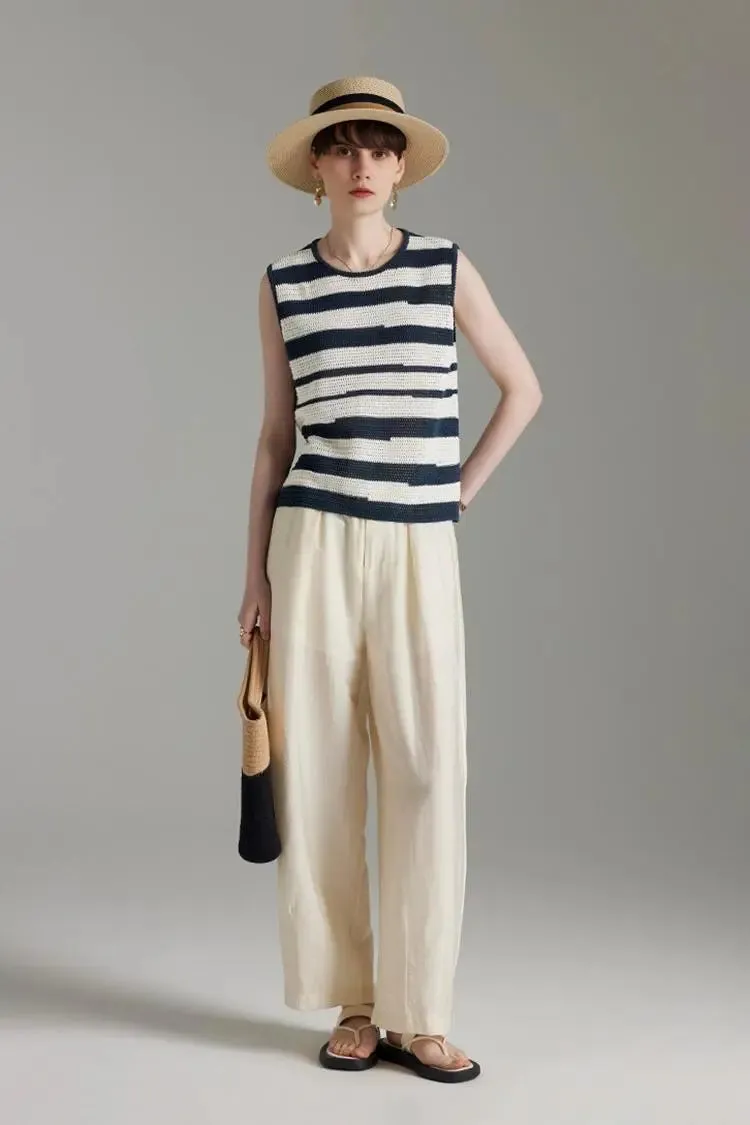 Asymmetric Striped Crochet Linen Vest