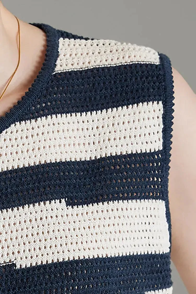 Asymmetric Striped Crochet Linen Vest