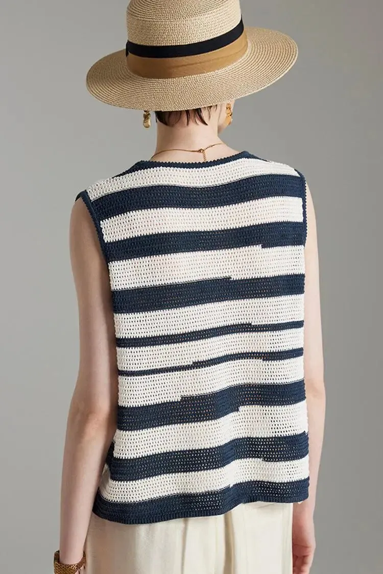 Asymmetric Striped Crochet Linen Vest