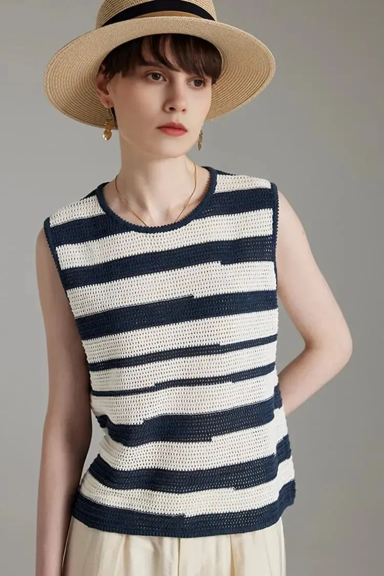 Asymmetric Striped Crochet Linen Vest