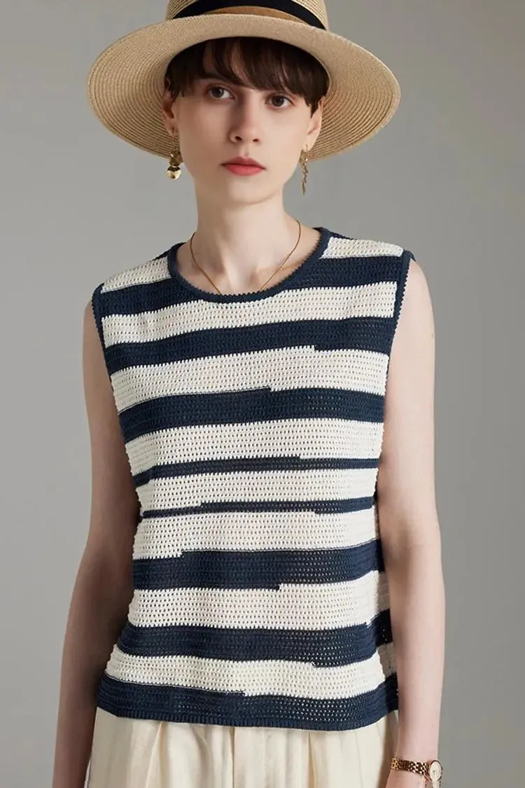 Asymmetric Striped Crochet Linen Vest