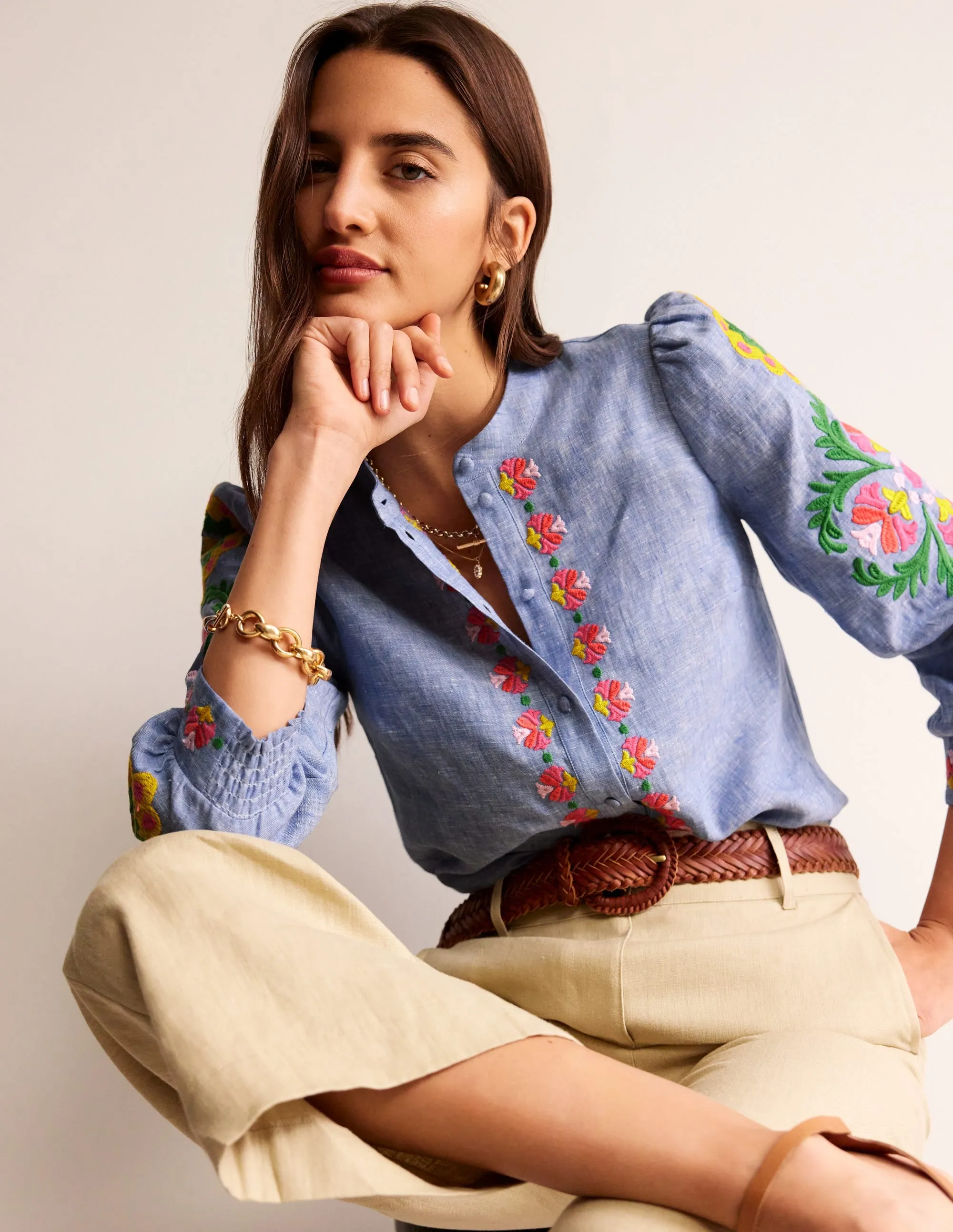 Ava Embroidered Top-Chambray