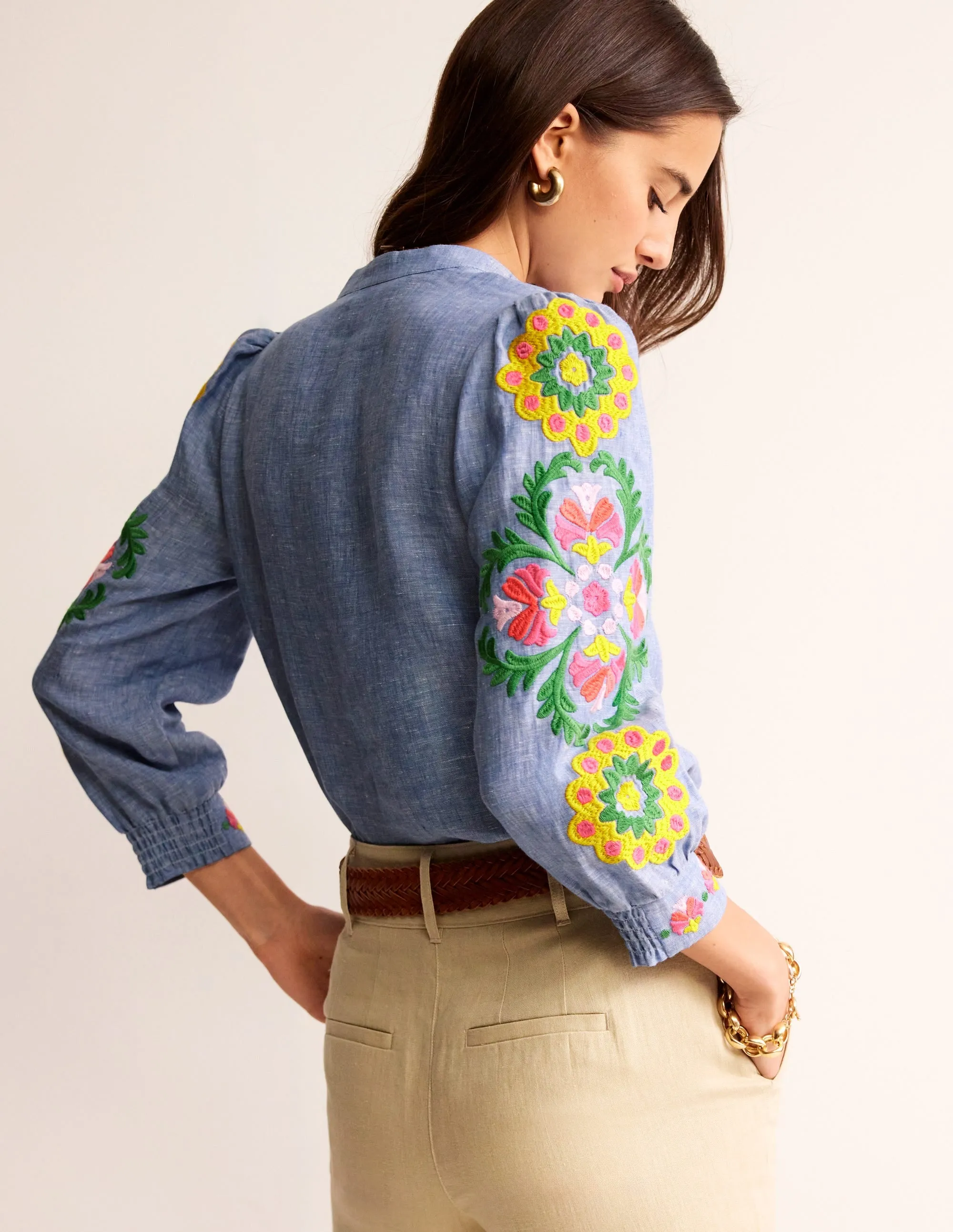 Ava Embroidered Top-Chambray