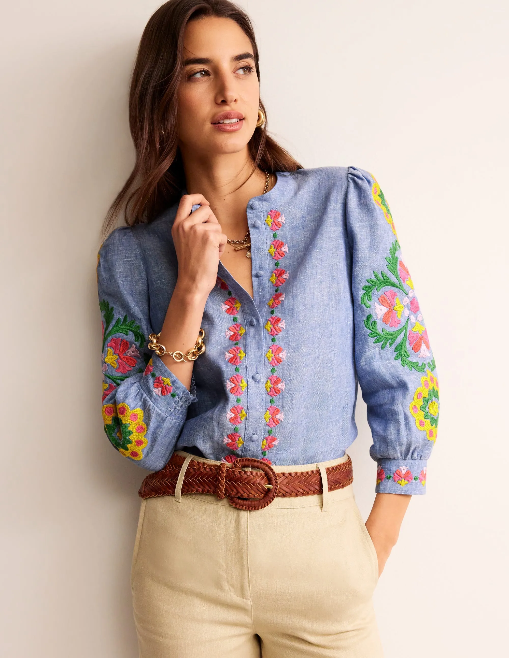 Ava Embroidered Top-Chambray