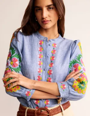 Ava Embroidered Top-Chambray