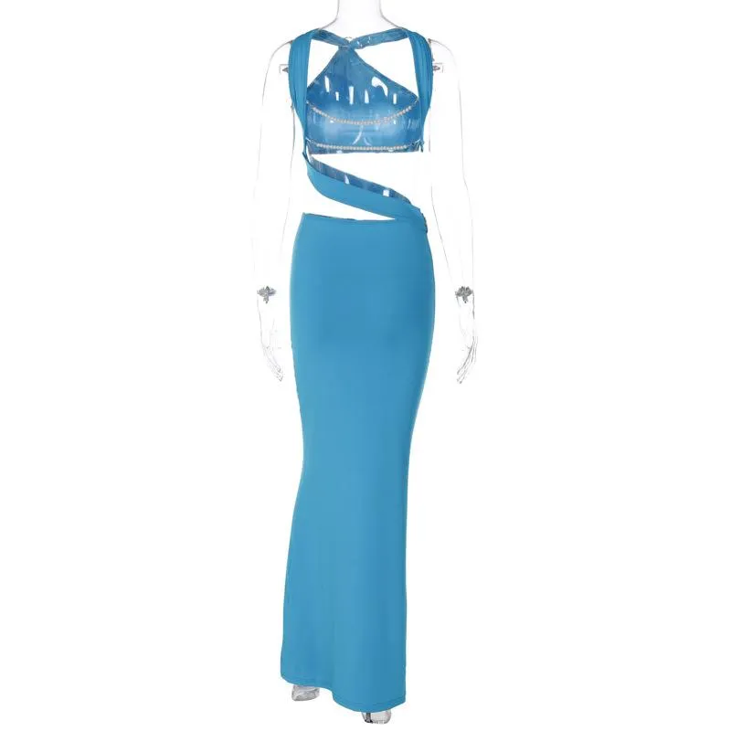 Backless hollow out o ring pearl chain solid maxi dress