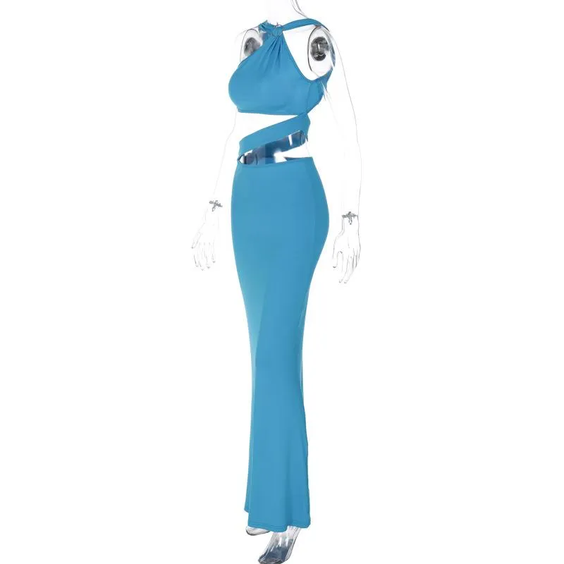 Backless hollow out o ring pearl chain solid maxi dress