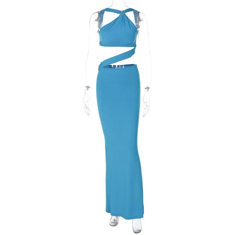 Backless hollow out o ring pearl chain solid maxi dress