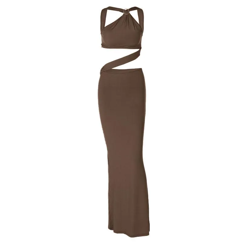 Backless hollow out o ring pearl chain solid maxi dress