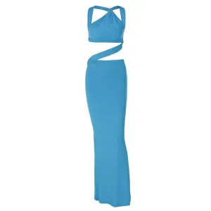 Backless hollow out o ring pearl chain solid maxi dress