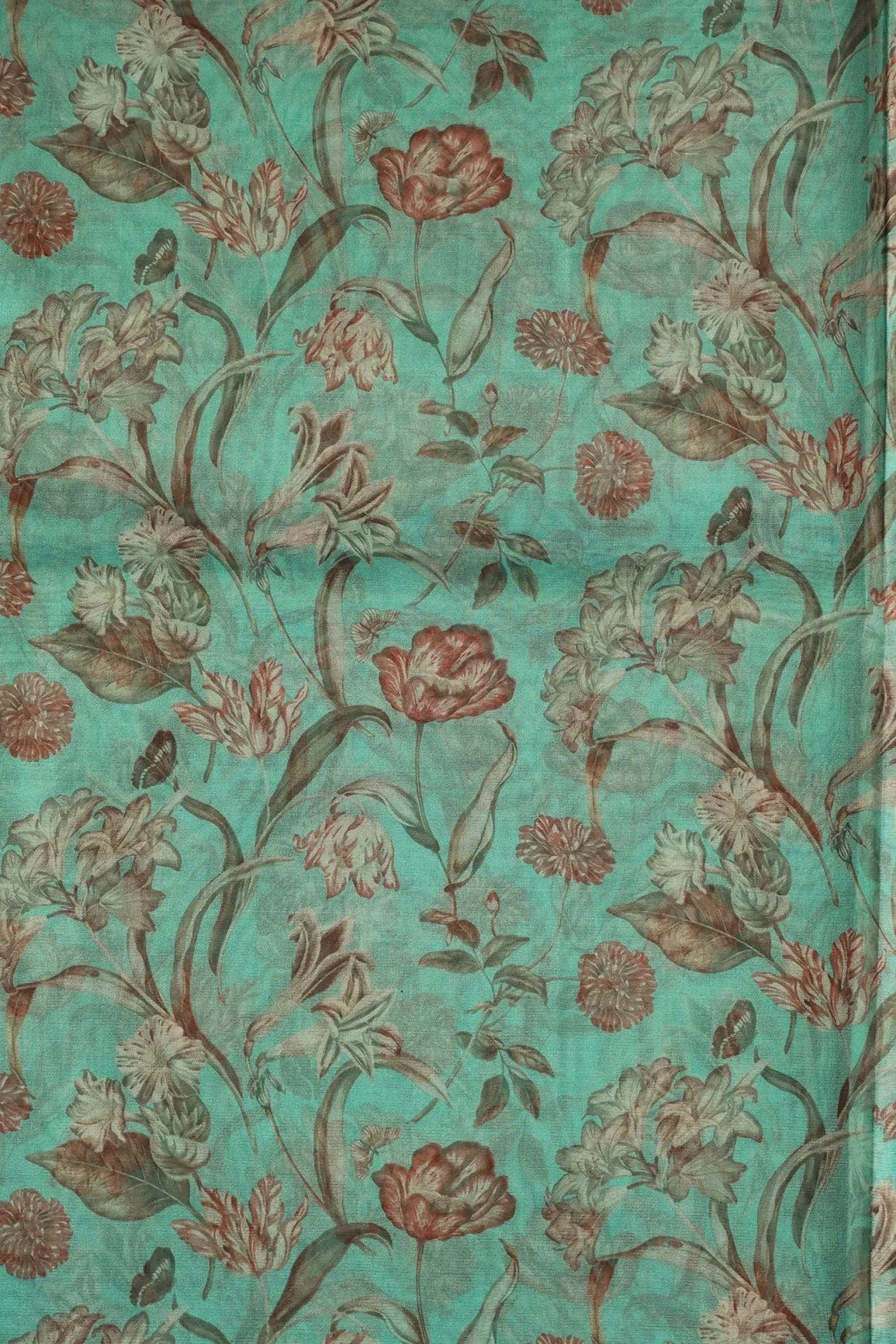 Beautiful Brown Floral Digital Print On Teal Organza Fabric