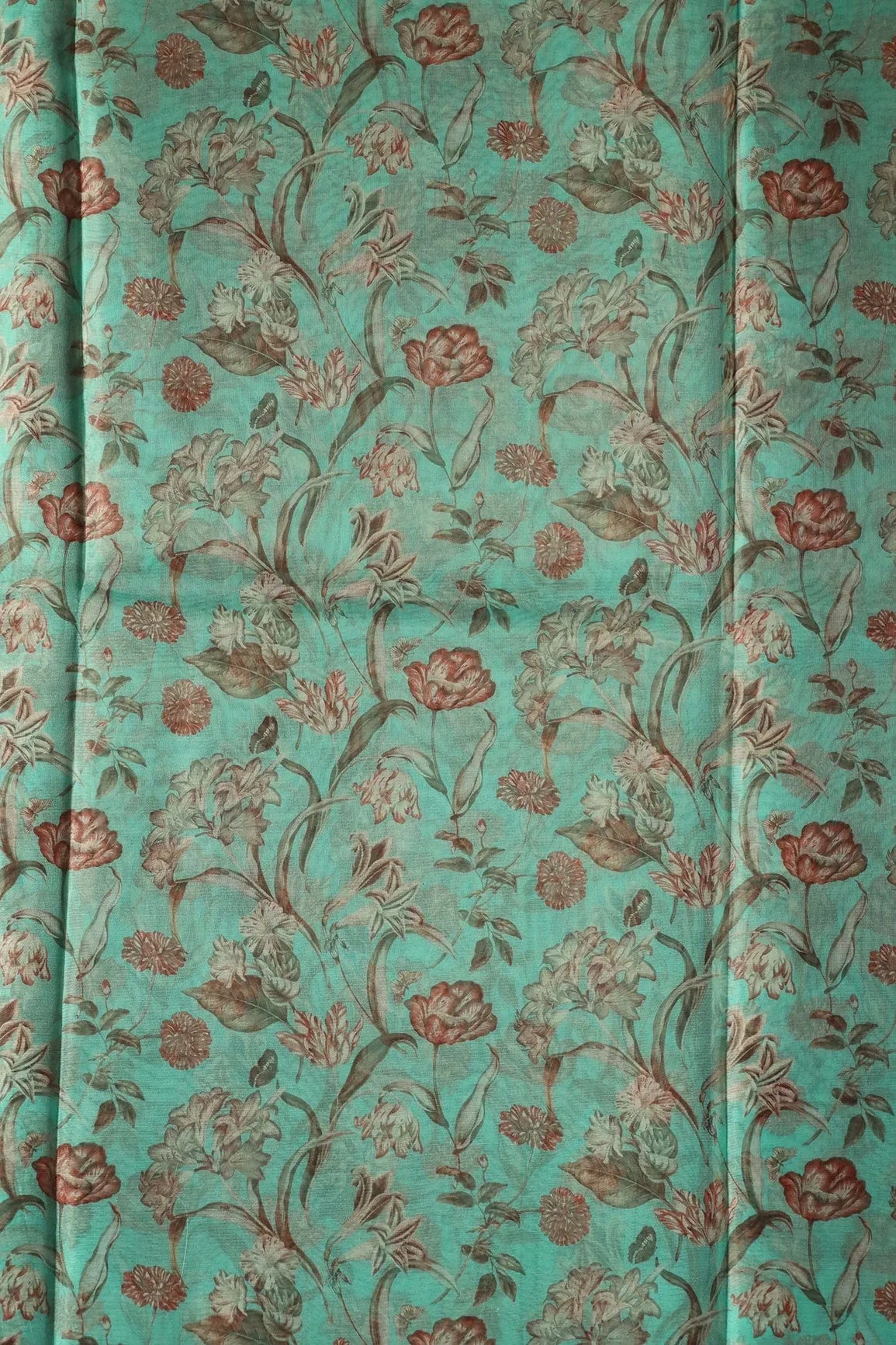 Beautiful Brown Floral Digital Print On Teal Organza Fabric