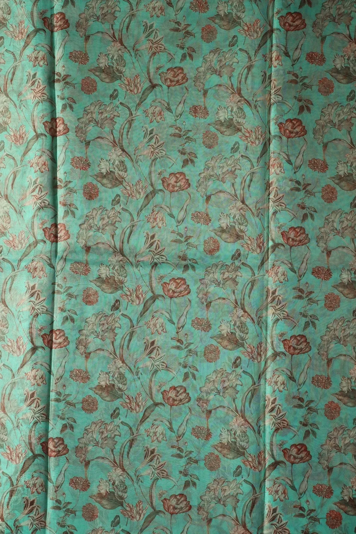 Beautiful Brown Floral Digital Print On Teal Organza Fabric
