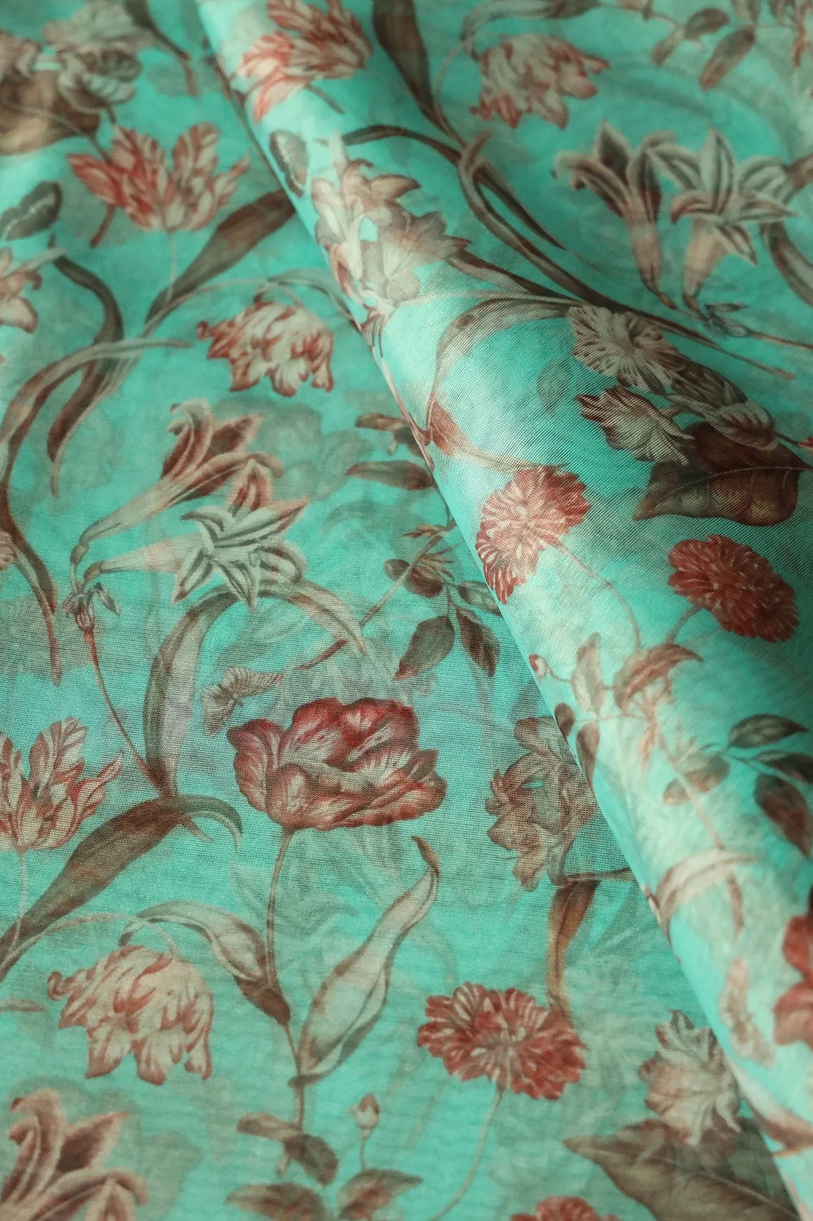 Beautiful Brown Floral Digital Print On Teal Organza Fabric