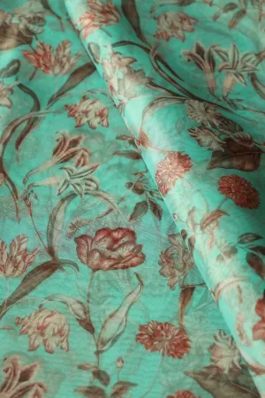 Beautiful Brown Floral Digital Print On Teal Organza Fabric