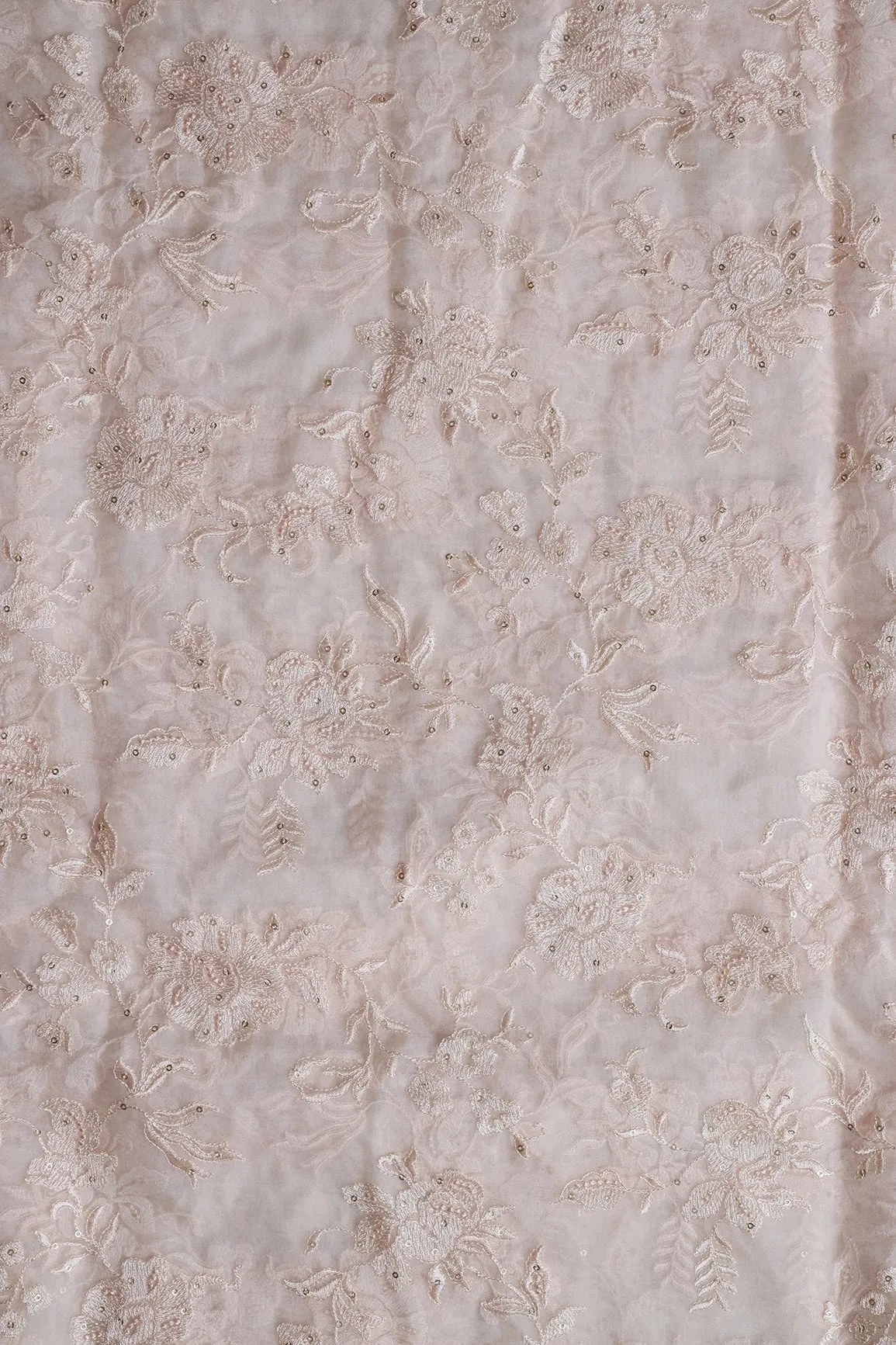 Beautiful White Thread With Sequins Floral Embroidery Work On White Organza Fabric
