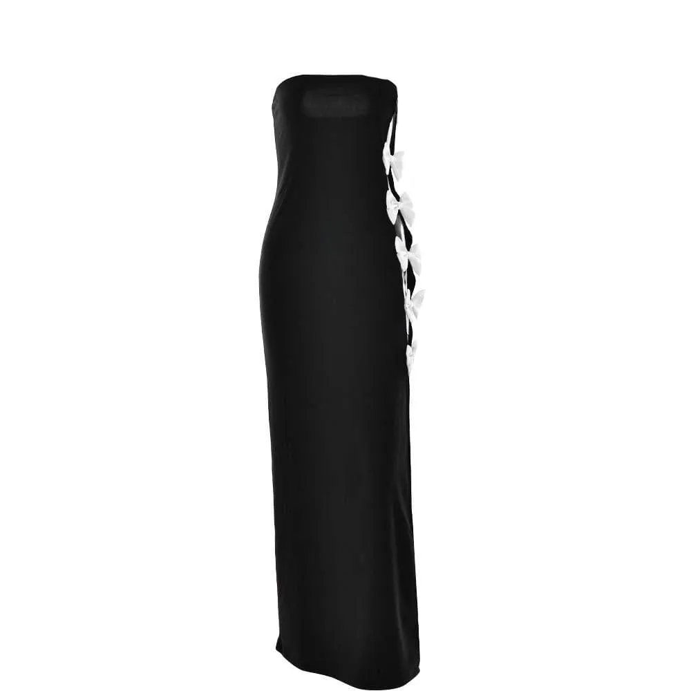 BerriesJam - Bowknot Contrast Slit Backless Tube Maxi Dress