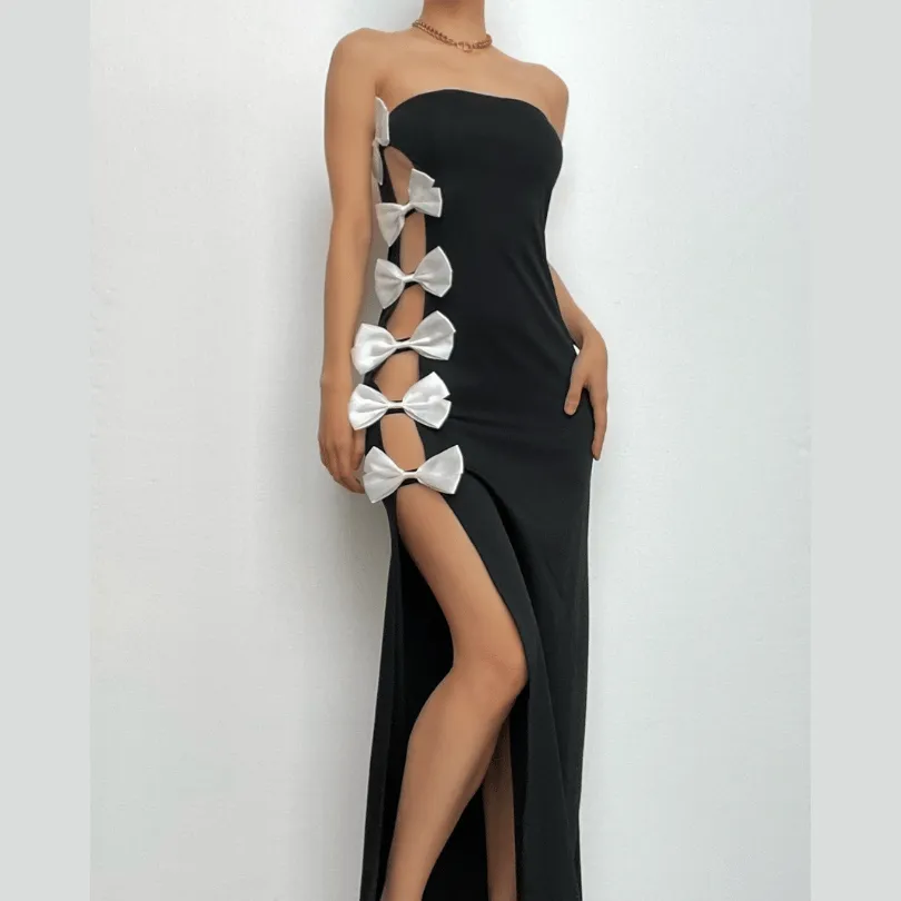 BerriesJam - Bowknot Contrast Slit Backless Tube Maxi Dress