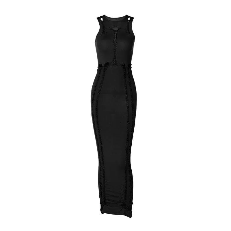 BerriesJam - Crewneck Sleeveless Hollow Out Ruched Cut Out Maxi Dress