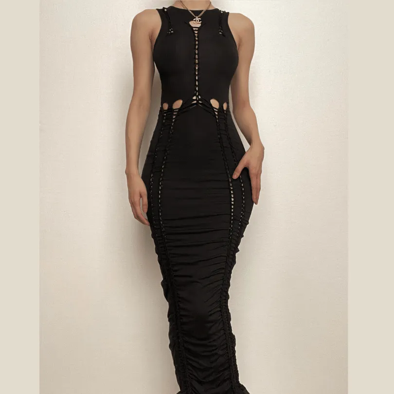 BerriesJam - Crewneck Sleeveless Hollow Out Ruched Cut Out Maxi Dress