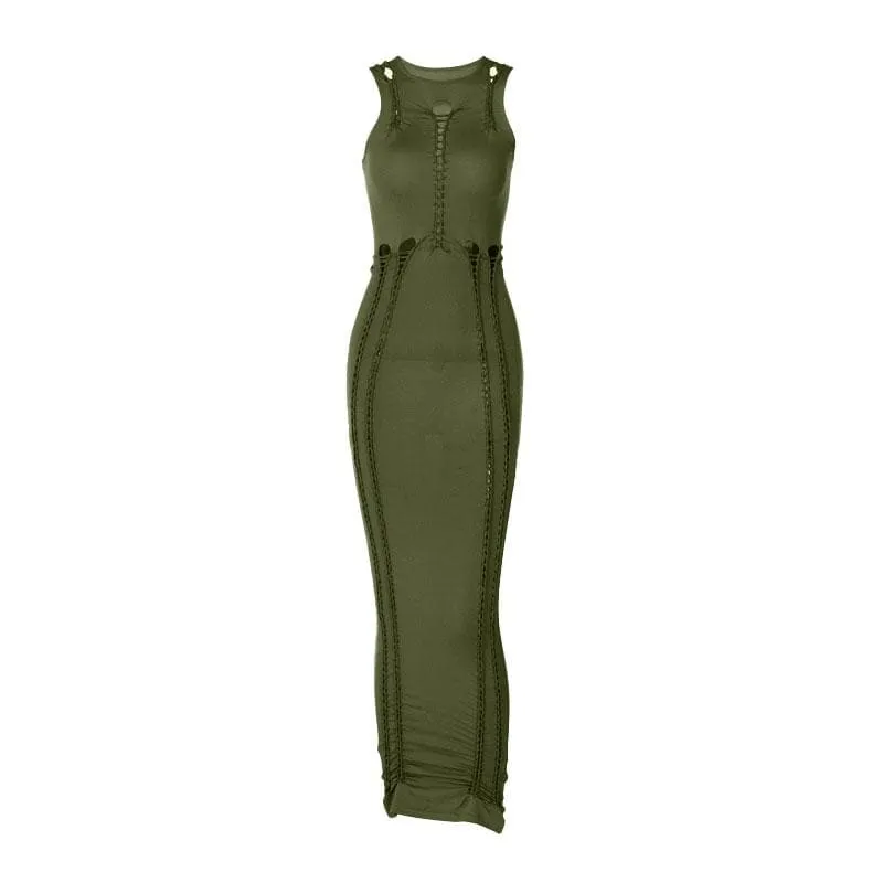 BerriesJam - Crewneck Sleeveless Hollow Out Ruched Cut Out Maxi Dress