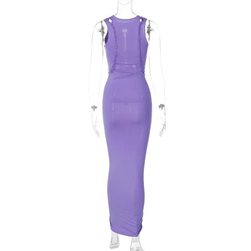 BerriesJam - Crewneck Sleeveless Hollow Out Ruched Cut Out Maxi Dress