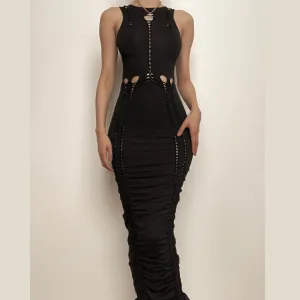 BerriesJam - Crewneck Sleeveless Hollow Out Ruched Cut Out Maxi Dress