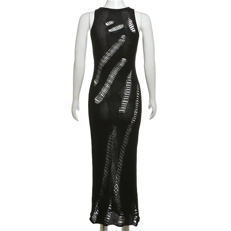 BerriesJam - Crochet Hollow Out Sleeveless Irregular Cut Out Maxi Dress