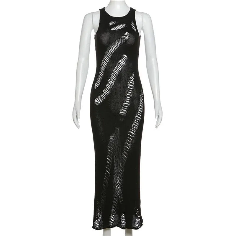 BerriesJam - Crochet Hollow Out Sleeveless Irregular Cut Out Maxi Dress