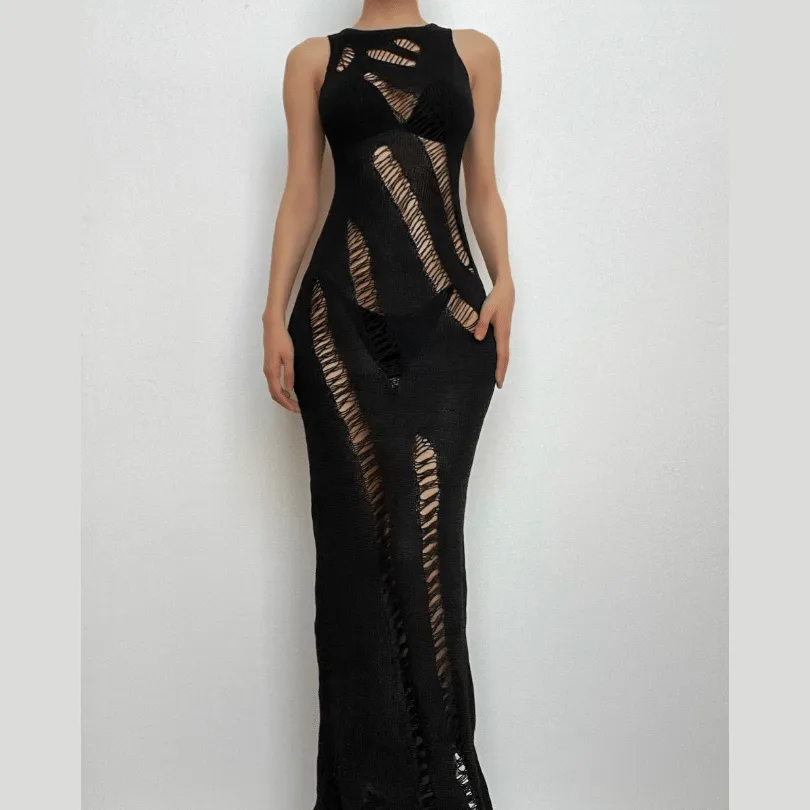 BerriesJam - Crochet Hollow Out Sleeveless Irregular Cut Out Maxi Dress
